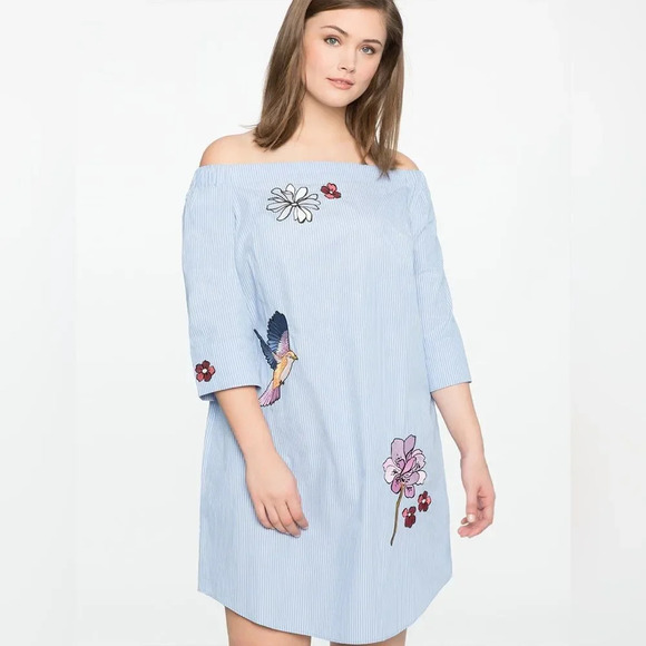 ELOQUII Studio Embroidered Off the Shoulder Dress in‎ Pinstripe - Picture 1 of 10